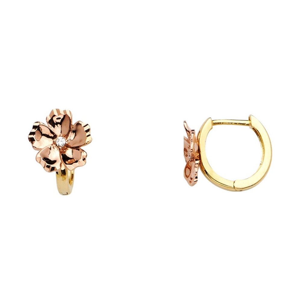 14KT Gold Two-Toned Cubic Zirconia Flower Huggies Hoop Earrings